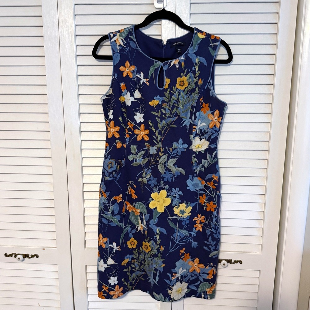 Lands' End‎ Sheath Dress Floral 8P Blue Womens Sleeveless Pockets Keyhole Neck